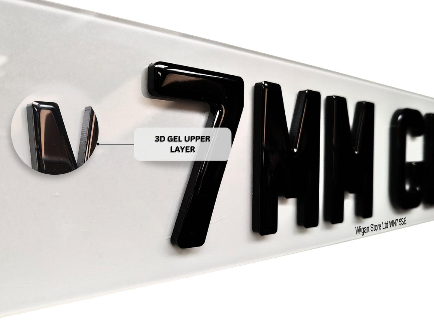 Pair Of 7mm 4D GEL Topped Raised Domed Gloss Black Number Plates, Road Legal Car, Van, Trailer - Leigh Number Plates